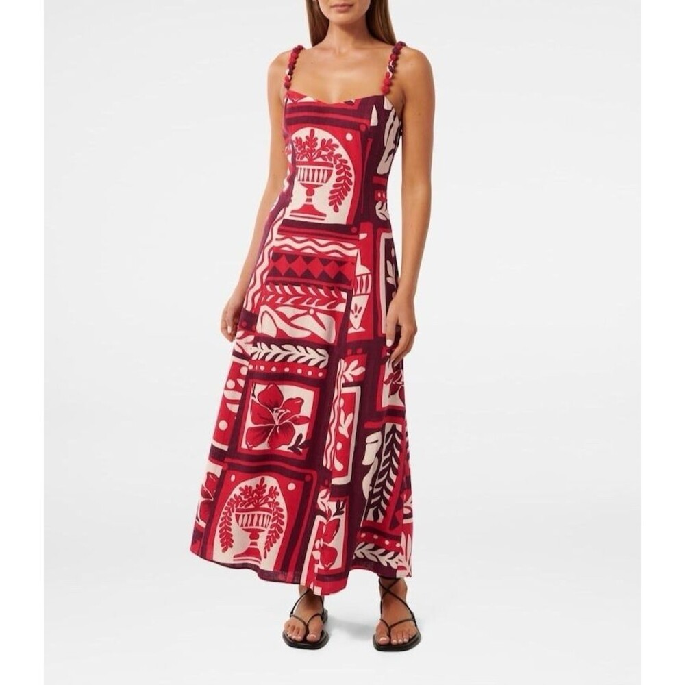 Forever New Geometric Print Linen Blend Midi Dress red White Womens Size 8 lined